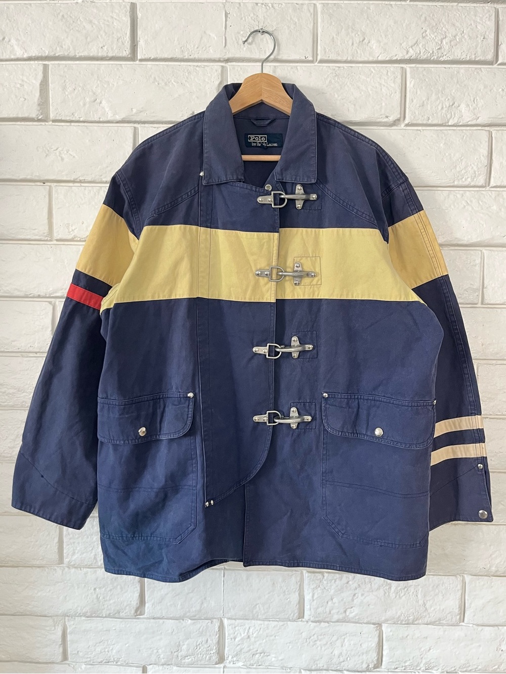 Vintage Polo Ralph Lauren Fireman Jacket Mens Large Navy Blue Yellow Red